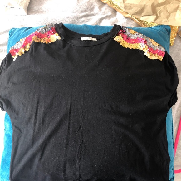 Zara Black Tee with Sequin Sleeves - Picture 2 of 3